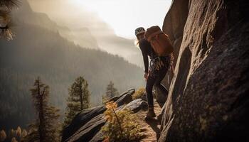 dois jovem adultos conquistar montanha pico, vínculo dentro natureza liberdade gerado de ai foto