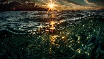 pôr do sol sobre tranquilo paisagem marítima, embaixo da agua beleza e tropical clima aventura gerado de ai foto