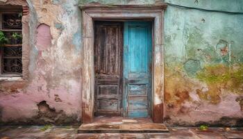 resistido madeira porta em abandonado construção com quebrado janela painéis gerado de ai foto