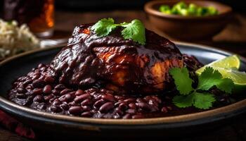 grelhado carne prato com fresco legumes e salgado molho gerado de ai foto