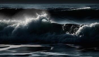 quebra onda sprays azul água em rochoso litoral às crepúsculo gerado de ai foto