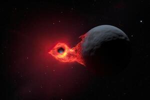 uma 3d ilustração do uma vermelho planeta dentro a espaço cercado de estrelas. uma Preto orifício comendo uma grande vermelho estrela, ai gerado foto
