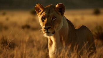 majestoso leoa caminhando dentro a savana, atenção dentro dela olhos gerado de ai foto