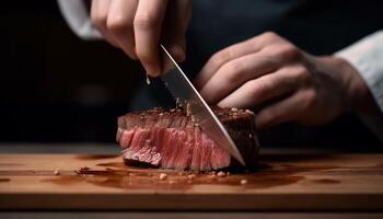 1 pessoa preparando gourmet bife, fatiamento fresco filé para churrasco gerado de ai foto