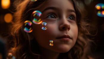 despreocupado menina sopro bolhas, desfrutando brincalhão verão Diversão ao ar livre gerado de ai foto