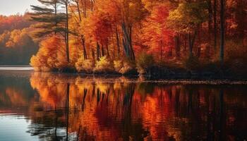 tranquilo outono nascer do sol reflete vibrante cores em multi colori lagoa gerado de ai foto