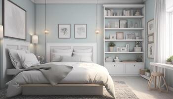 moderno luxo quarto Projeto com acolhedor roupa de cama e elegante decoração gerado de ai foto