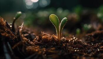 Novo vida brotos a partir de molhado sujeira, beleza dentro natureza crescimento gerado de ai foto