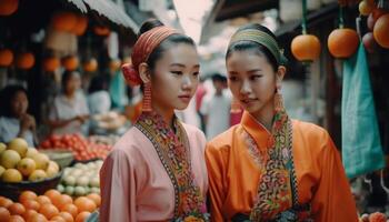 jovem mulheres vendendo fruta às uma tradicional chinês rua mercado gerado de ai foto