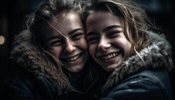 dois jovem mulheres abraço dentro outono, sorridente com cheio de dentes alegria gerado de ai foto