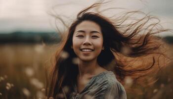 jovem mulher com grandes Castanho cabelo sorridente dentro natureza beleza gerado de ai foto
