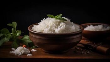 orgânico basmati arroz, cozido no vapor para perfeição, uma saudável refeição opção gerado de ai foto