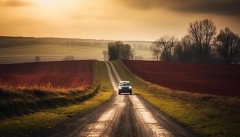 dirigindo através rural paisagem, verde prados, amarelo caminhão em estrada gerado de ai foto