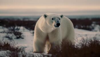 ampla mamífero em pé dentro ártico paisagem, pele brilhante dentro neve gerado de ai foto