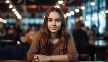 jovem mulher sentado às mesa, sorridente, olhando às Câmera gerado de ai foto