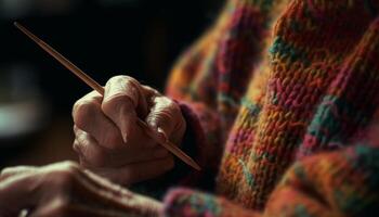 criativo adultos tricô multi colori lã com habilidade e concentração dentro de casa gerado de ai foto