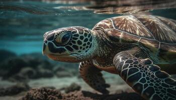 verde mar tartaruga nada dentro tropical recife, ameaçadas de extinção beleza embaixo da agua gerado de ai foto