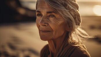 sorridente Senior mulher desfrutando aposentadoria, olhando às Câmera ao ar livre gerado de ai foto