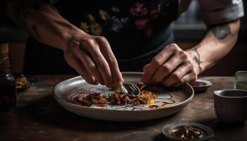 caucasiano chefe de cozinha segurando fresco frutos do mar, preparando caseiro gourmet refeição dentro de casa gerado de ai foto