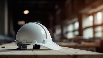 construção trabalhador desgasta capacete de segurança para segurança em aço construção local gerado de ai foto