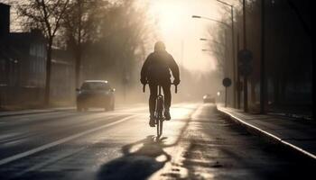 1 ciclista velocidades através cidade tráfego, vivo uma saudável estilo de vida gerado de ai foto