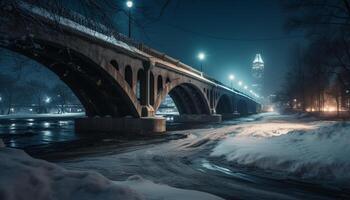 iluminado paisagem urbana às crepúsculo, inverno névoa acrescenta mistério e charme gerado de ai foto