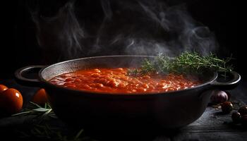 grelhado carne de porco com tomate sopa, uma gourmet almoço em madeira gerado de ai foto