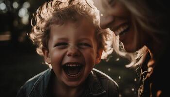 feliz família goza brincalhão verão ao ar livre, sorridente com afetuoso amor gerado de ai foto