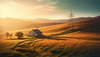 pôr do sol sobre rural montanha fazenda, tranquilo Prado, natureza beleza gerado de ai foto