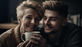 sorridente caucasiano casal desfrutando café, amor, e união dentro de casa gerado de ai foto