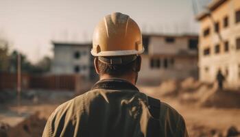 construção trabalhador dentro reflexivo roupas e capacete de segurança às construção local gerado de ai foto