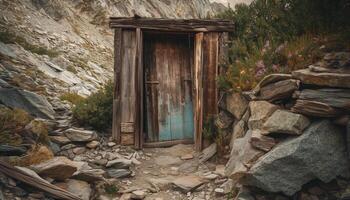 abandonado rústico cabana dentro velho floresta, resistido porta fechadas fechar gerado de ai foto