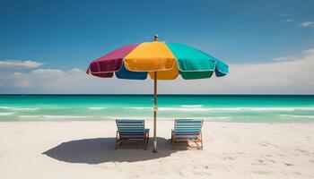 tropical clima, turquesa água, amarelo areia, relaxamento em área coberta cadeira gerado de ai foto