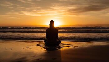 1 pessoa meditando dentro lótus posição às tranquilo litoral gerado de ai foto
