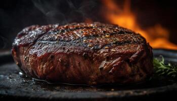 suculento grelhado bife em rústico madeira placa, pronto para comer frescor gerado de ai foto