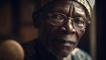 sorridente Senior africano homem dentro tradicional roupas sentado ao ar livre trabalhando gerado de ai foto