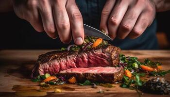 grelhado lombo bife, cozinhou cru, com fresco vegetal preparação gerado de ai foto