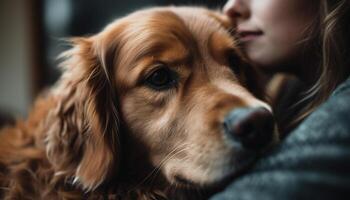 caucasiano mulher abraços fofa de raça pura filhote de cachorro, mostrando amor e fidelidade gerado de ai foto