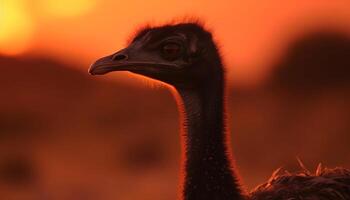 sem vôo pássaro dentro África limpeza às pôr do sol, fechar acima retrato gerado de ai foto