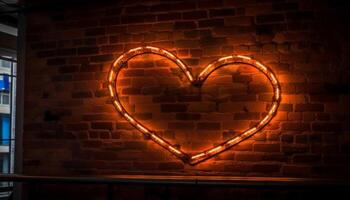 romântico coração símbolo brilha brilhante em tijolo parede pano de fundo gerado de ai foto