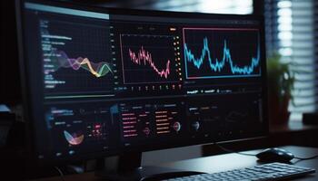 cuidados de saúde dados analisado em computador monitor com pulso onda padronizar gerado de ai foto