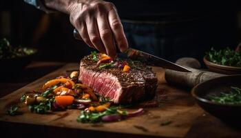 grelhado bife filé, cozinhou cru, em rústico de madeira mesa gerado de ai foto