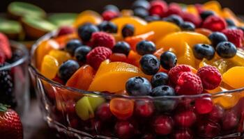 colorida fruta salada tigela, uma saudável e refrescante verão lanche gerado de ai foto