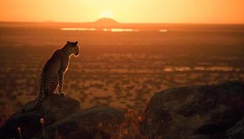 guepardo sentado dentro grama, assistindo pôr do sol em africano savana gerado de ai foto