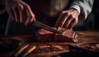mão cortar filé do carne bovina, fresco e pronto para grelhar gerado de ai foto