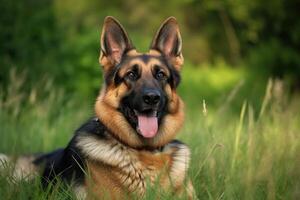 alemão pastor cachorro deitado em a Relva dentro verão dia, retrato. ai gerado foto