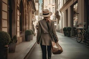 à moda jovem mulher dentro chapéu e casaco caminhando dentro a cidade. uma à moda mulheres traseiro Visão caminhando com uma compras bolsa, ai gerado foto