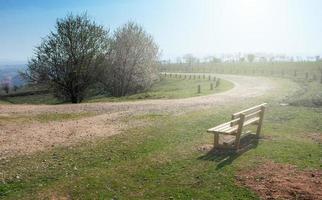 banco de madeira vazio no parque primavera com um caminho