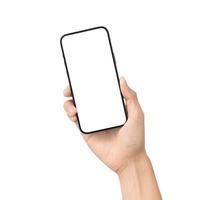 mão segurando a maquete de tela em branco do smartphone foto