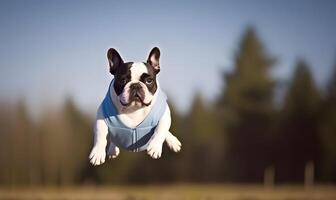 corrida e pulando buldogue com azul cor pano. ai gerado foto